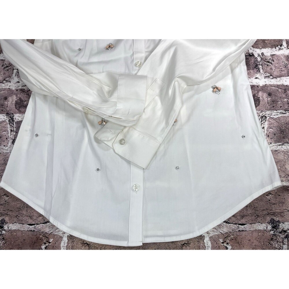 Ann Taylor Blouse 6 White Long Sleeve Gem Jeweled Neck Career Wear Professional - Picture 6 of 9